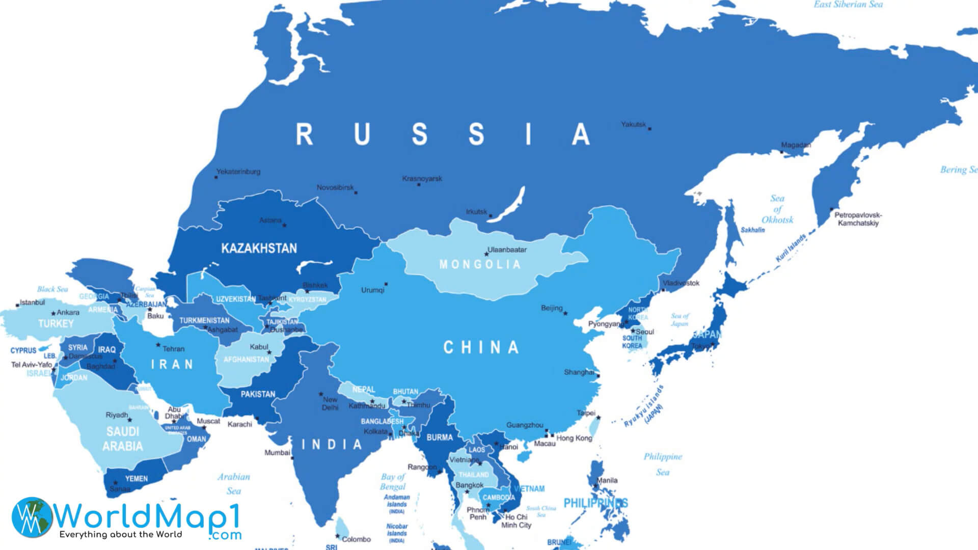 Map of Russia with Middle East and Asia